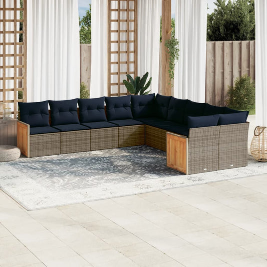 10-teiliges Gartensofa-Set mit Kissen, grau, Polyrattan