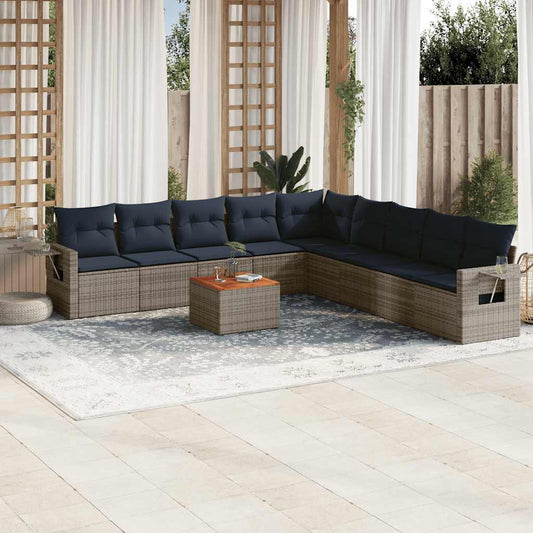 10-teiliges Gartensofa-Set mit Kissen, grau, Polyrattan