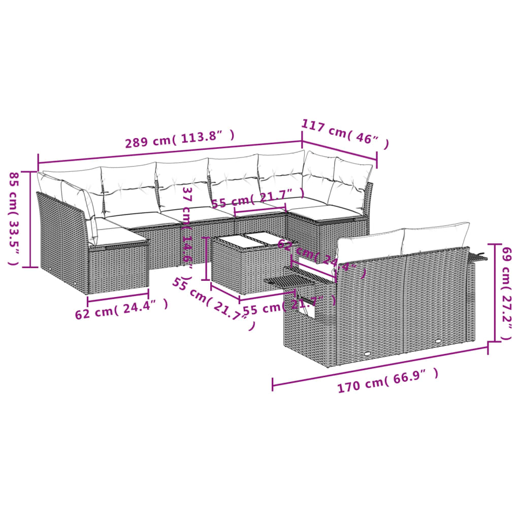 10-teiliges Gartensofa-Set mit Kissen, braun, Polyrattan