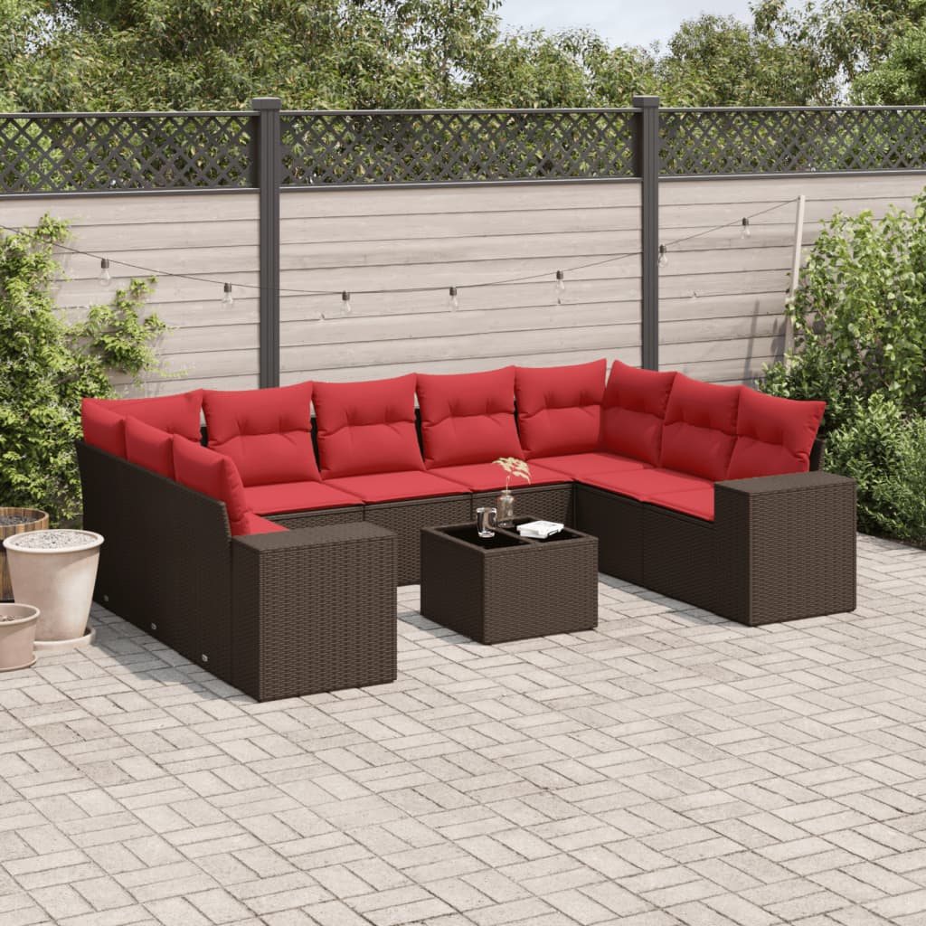 10-teiliges Gartensofa-Set mit Kissen, braun, Polyrattan