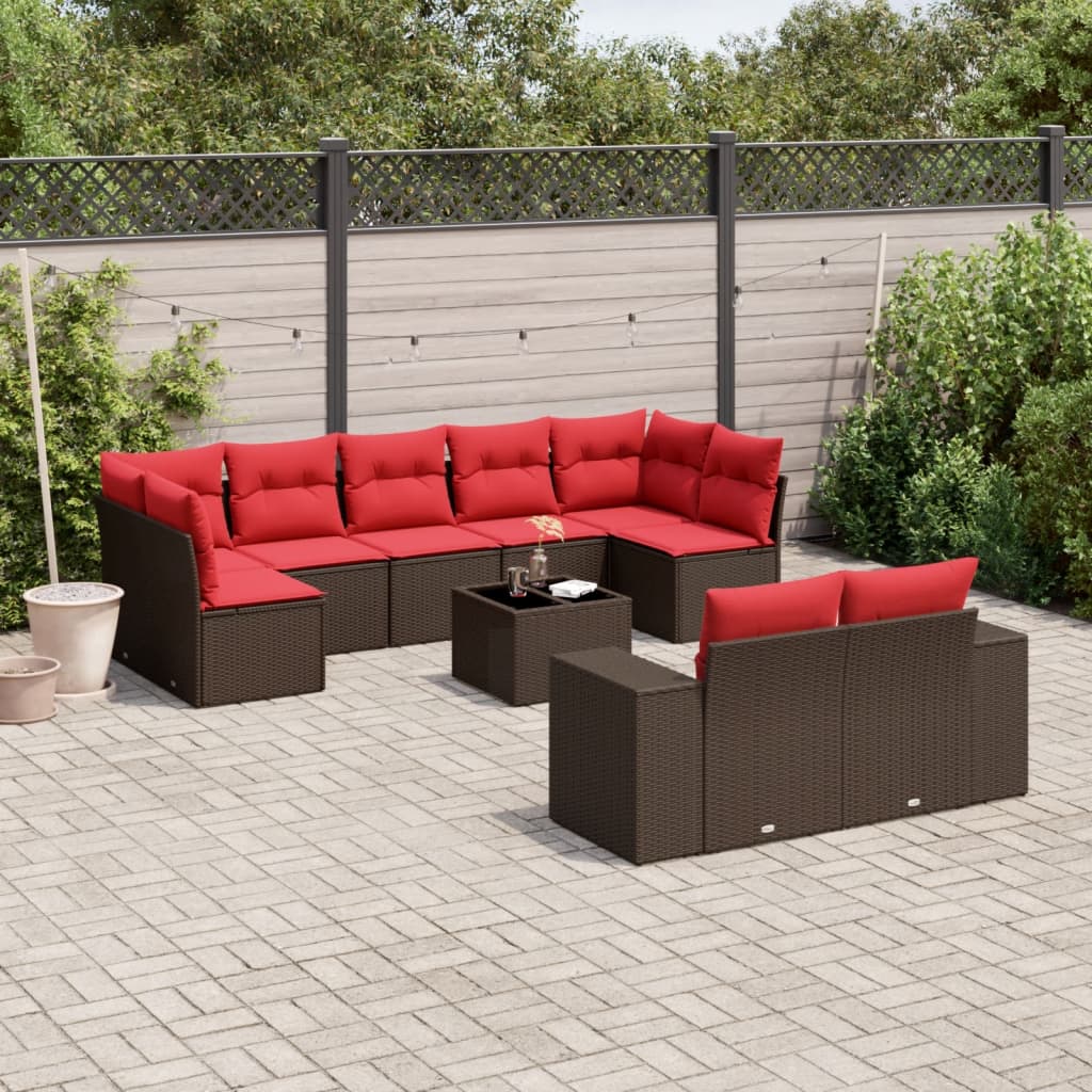 10-teiliges Gartensofa-Set mit Kissen, braun, Polyrattan