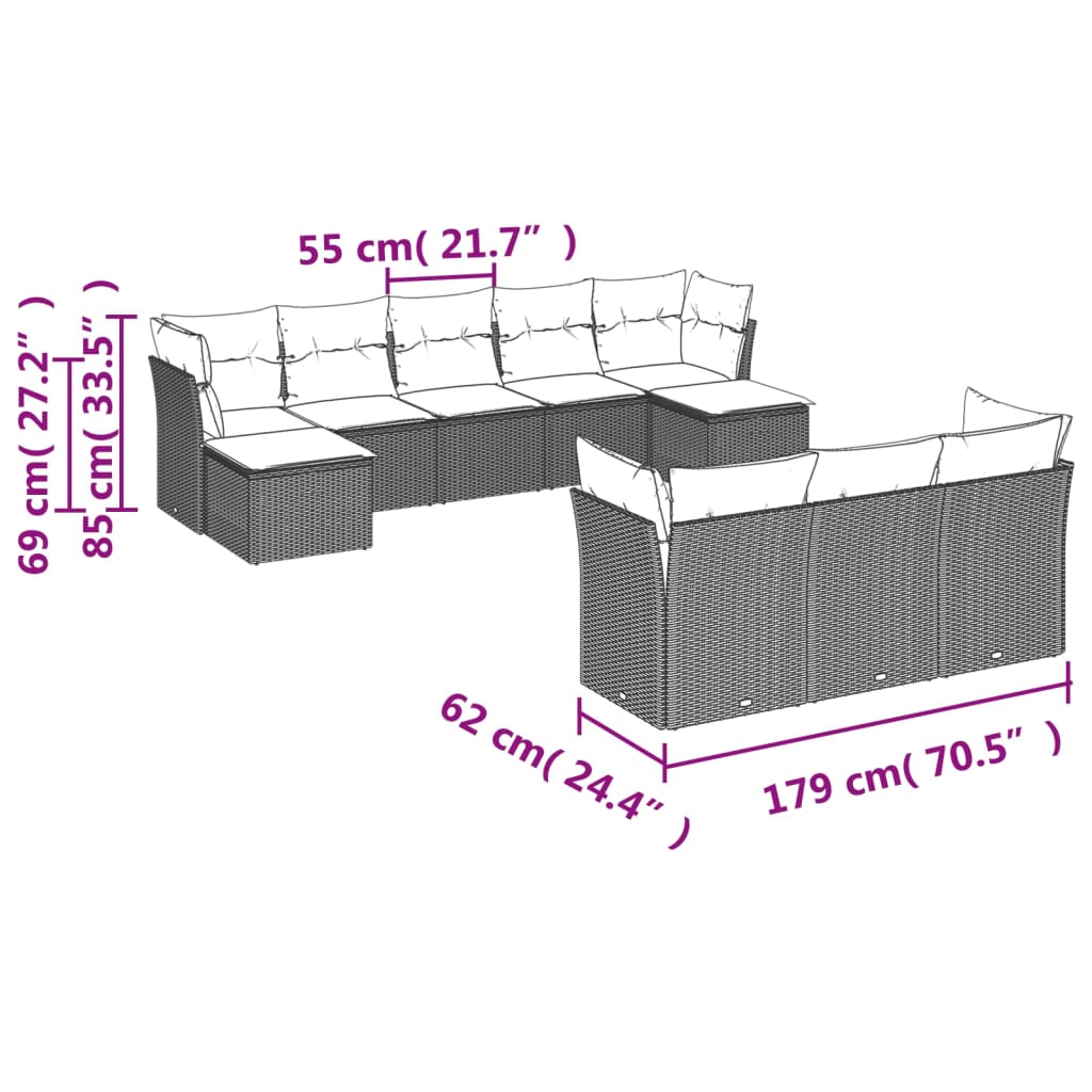 10-teiliges Gartensofa-Set mit Kissen, braun, Polyrattan
