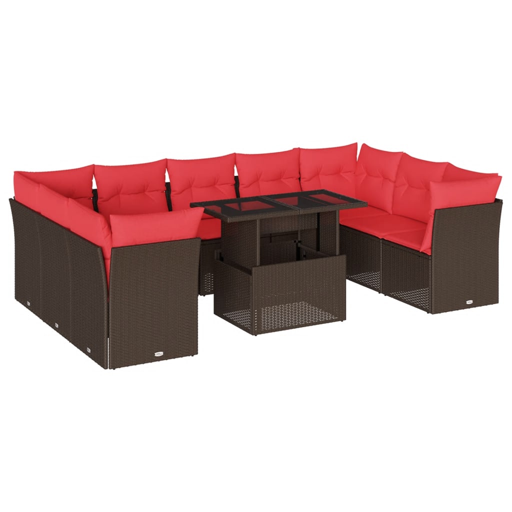 10-teiliges Gartensofa-Set mit Kissen, braun, Polyrattan