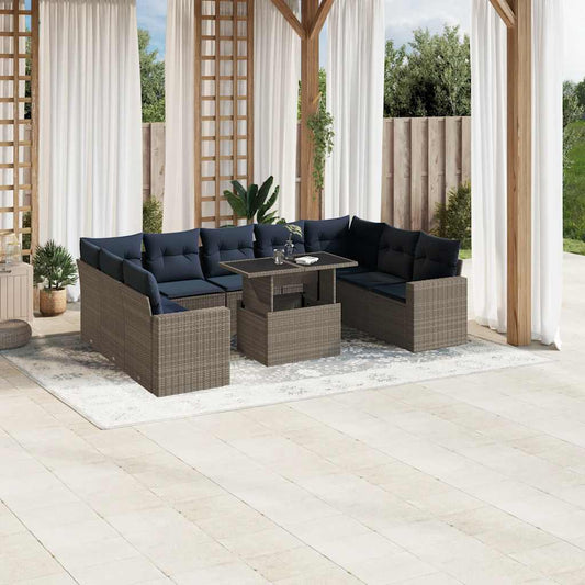 10-teiliges Gartensofa-Set mit Kissen, grau, Polyrattan