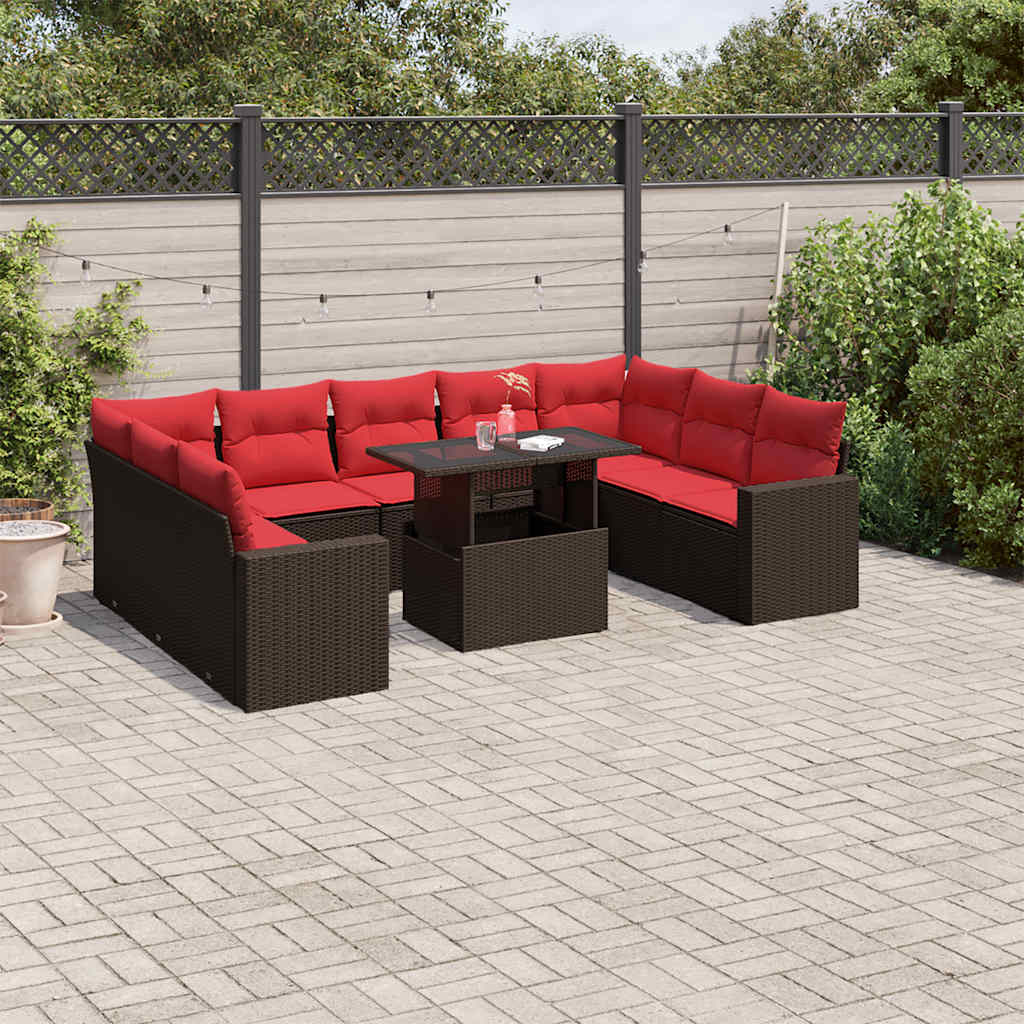 10-teiliges Gartensofa-Set mit Kissen, braun, Polyrattan