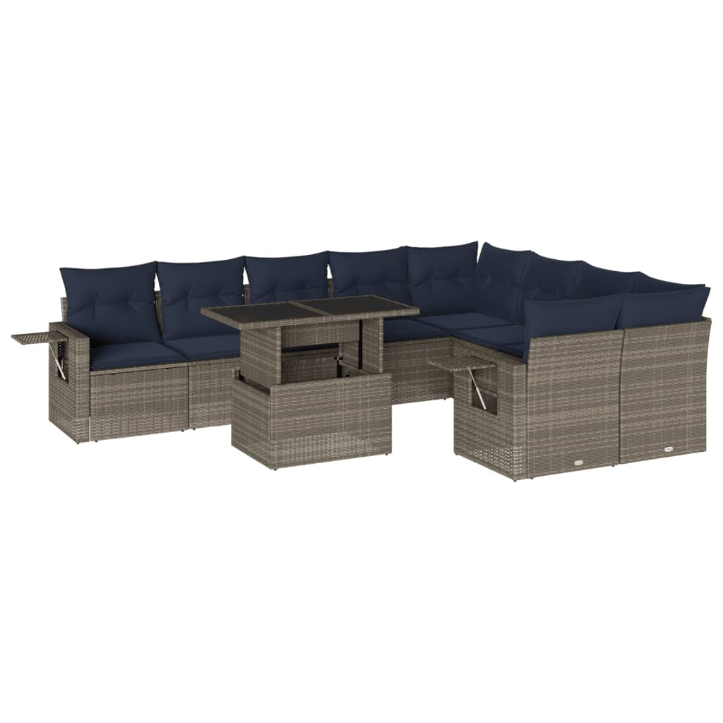 10-teiliges Gartensofa-Set mit Kissen, grau, Polyrattan