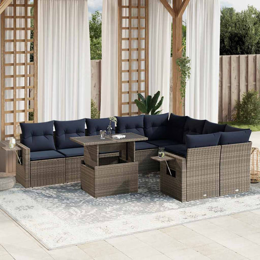 10-teiliges Gartensofa-Set mit Kissen, grau, Polyrattan