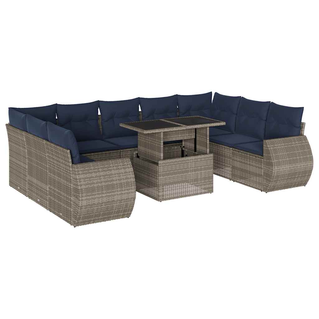 10-teiliges Gartensofa-Set mit Kissen, grau, Polyrattan