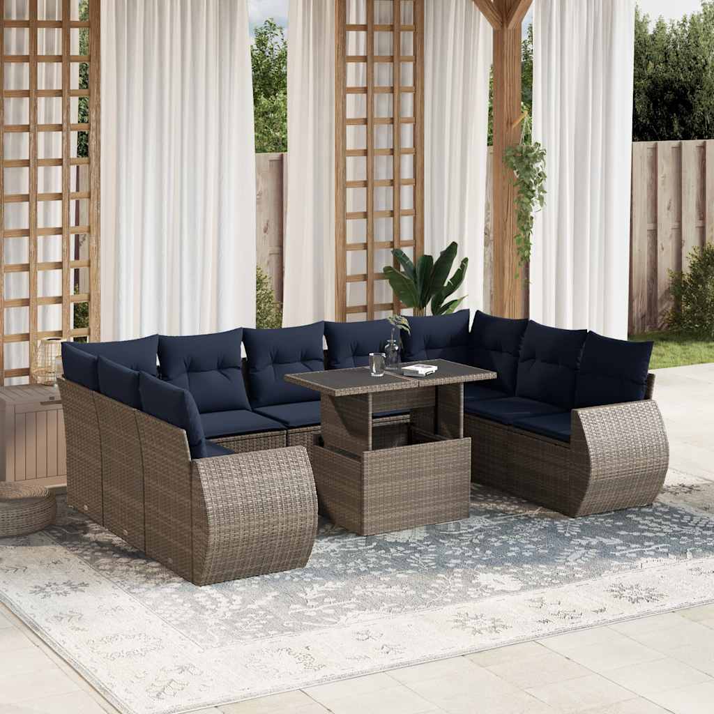 10-teiliges Gartensofa-Set mit Kissen, grau, Polyrattan