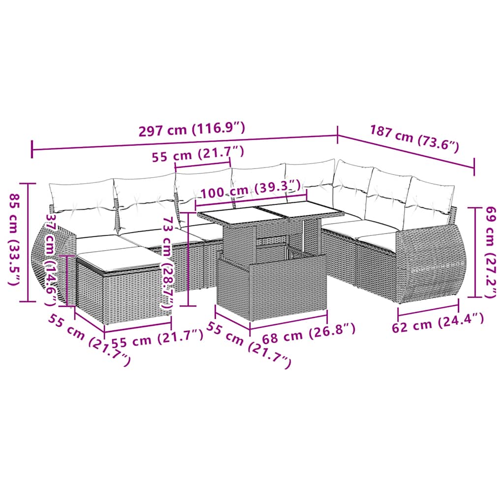 10-teiliges Gartensofa-Set mit Kissen, braun, Polyrattan