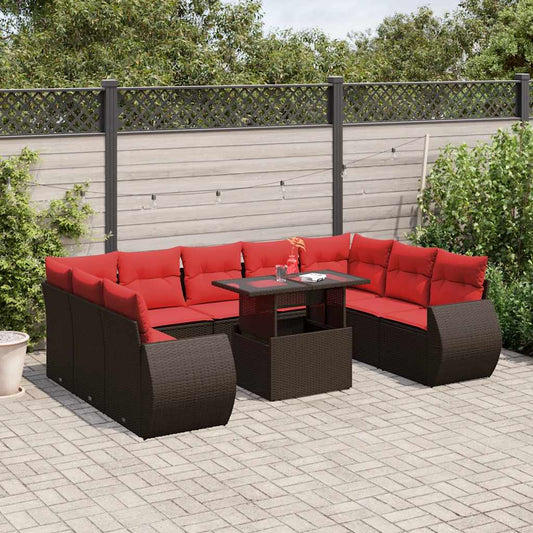 10-teiliges Gartensofa-Set mit Kissen, braun, Polyrattan