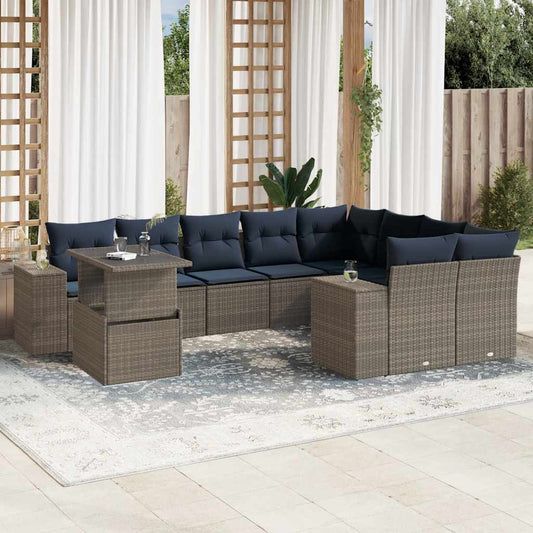 10-teiliges Gartensofa-Set mit Kissen, grau, Polyrattan