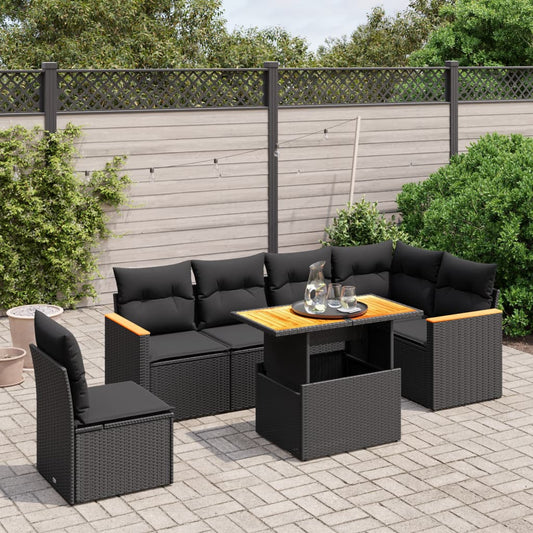 7-tlg. Garten-Sofagarnitur mit Kissen Schwarz Poly Rattan