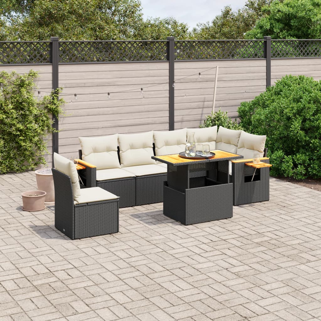 7-tlg. Garten-Sofagarnitur mit Kissen Schwarz Poly Rattan