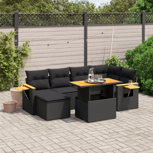7-tlg. Garten-Sofagarnitur mit Kissen Schwarz Poly Rattan