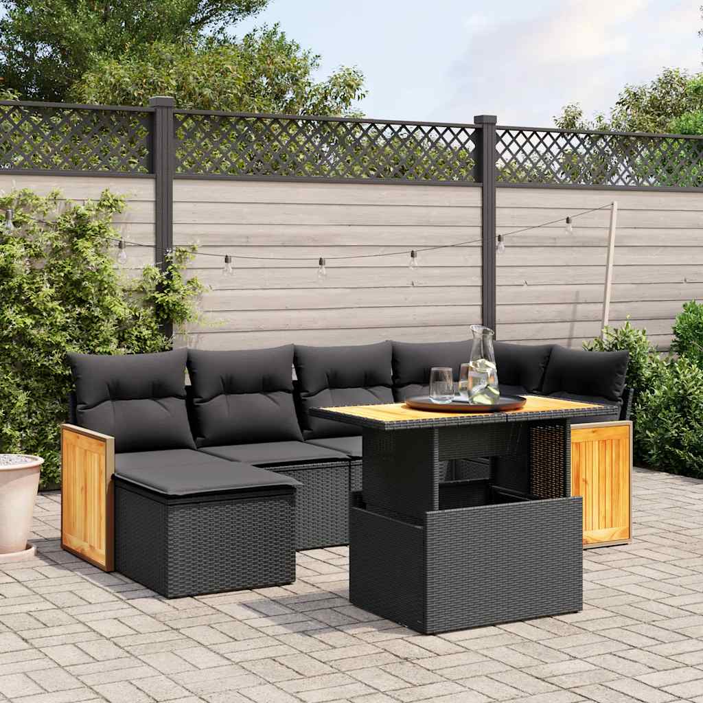 7-tlg. Garten-Sofagarnitur mit Kissen Schwarz Poly Rattan