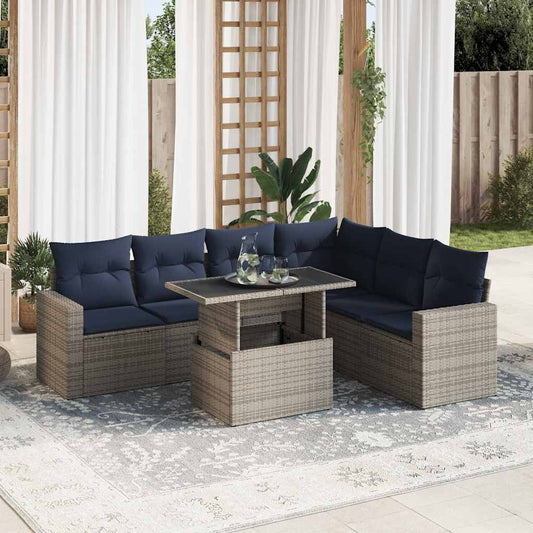 7-tlg. Garten-Sofagarnitur mit Kissen Schwarz Poly Rattan