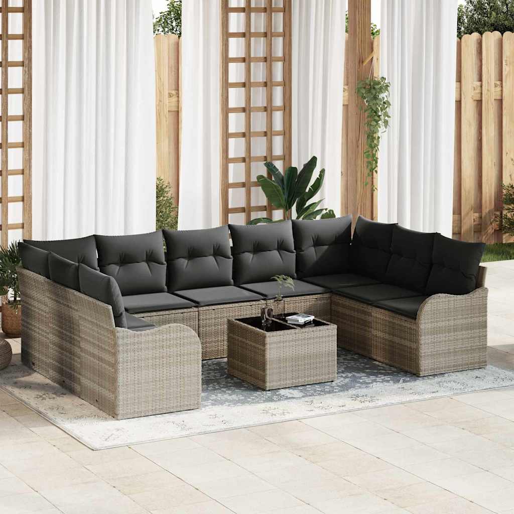 10 Teile Garten Sofa Set mit Kissen Grau Poly Rattan