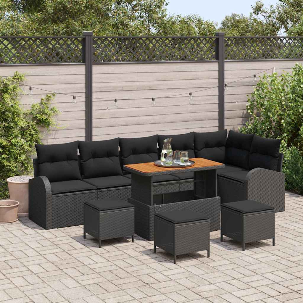 10 Teile Garten Sofa Set mit Kissen Schwarz Poly Rattan Akazie