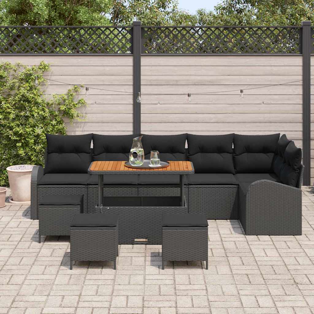 10 Teile Garten Sofa Set mit Kissen Schwarz Poly Rattan Akazie