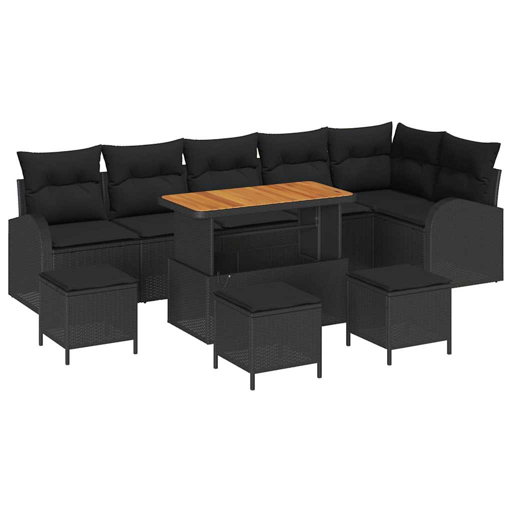 10 Teile Garten Sofa Set mit Kissen Schwarz Poly Rattan Akazie