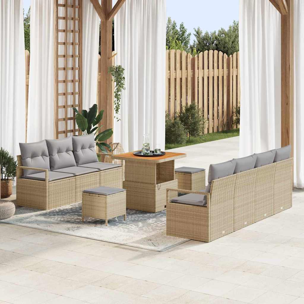 10 teiliges Garten Sofa Set mit Kissen Beige Poly Rattan Akazie