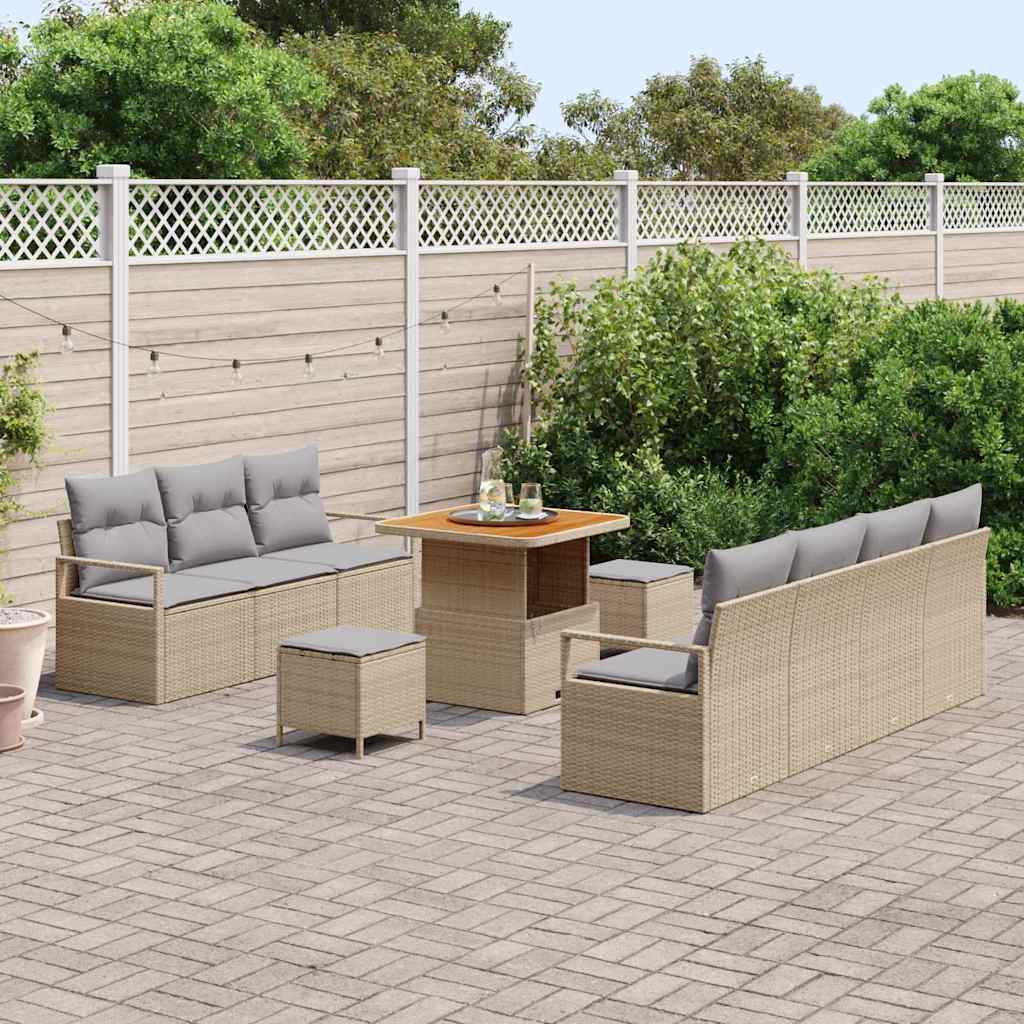 10 teiliges Garten Sofa Set mit Kissen Beige Poly Rattan Akazie