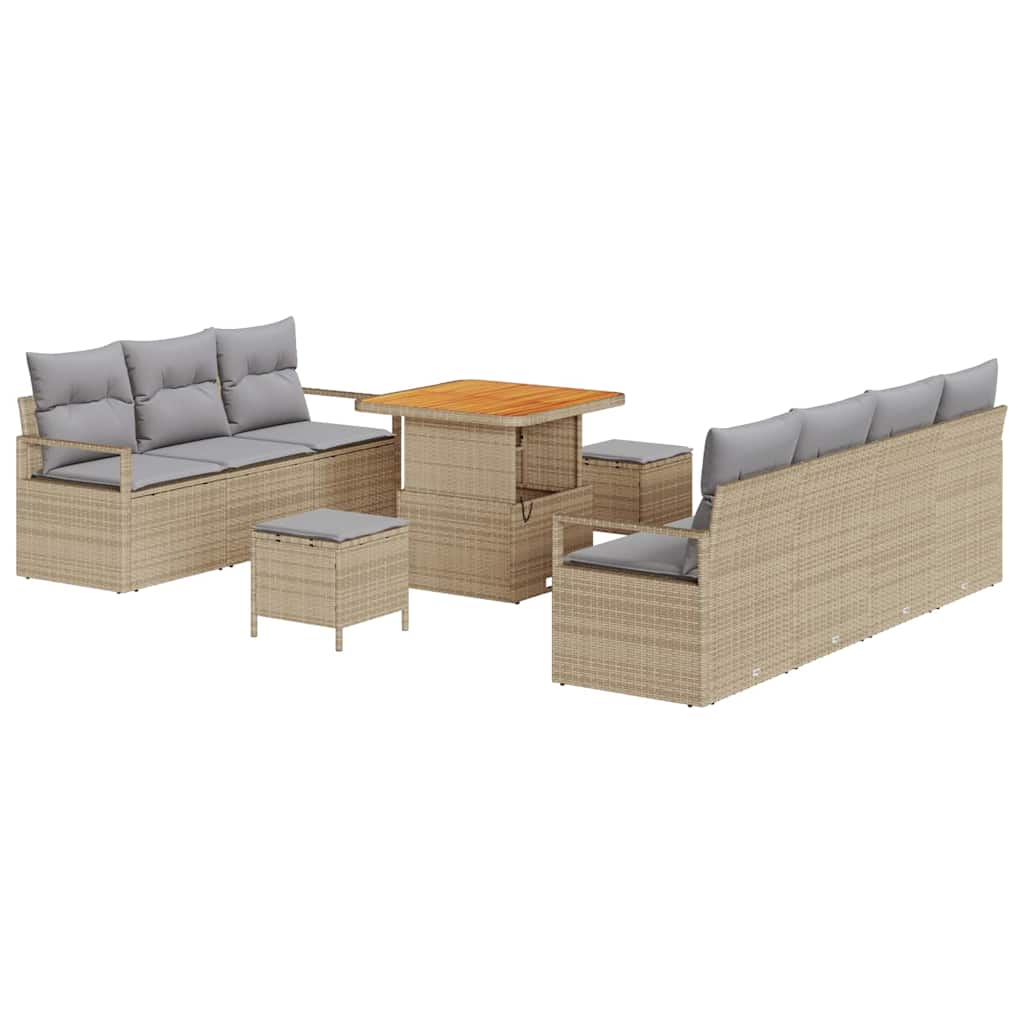10 teiliges Garten Sofa Set mit Kissen Beige Poly Rattan Akazie