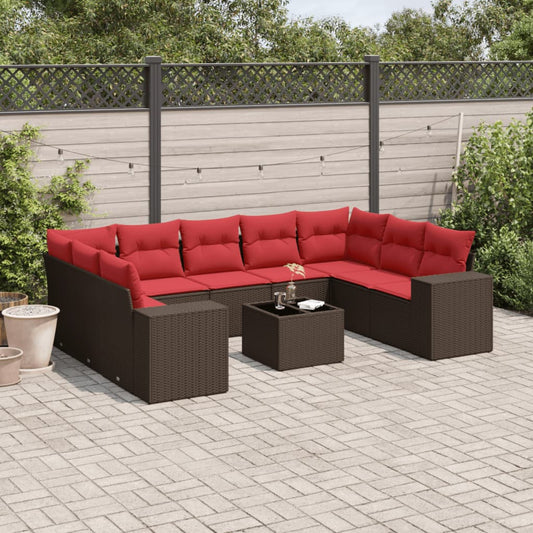 10-teiliges Gartensofa-Set mit Kissen, braun, Polyrattan