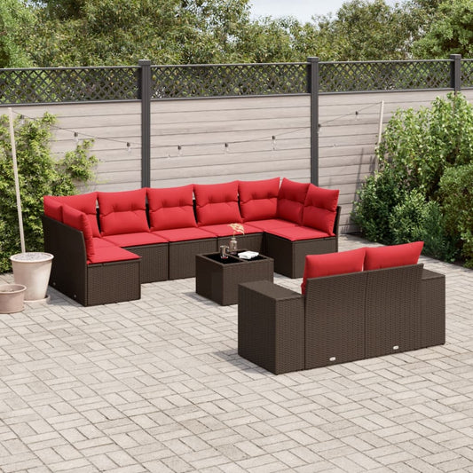 10-teiliges Gartensofa-Set mit Kissen, braun, Polyrattan