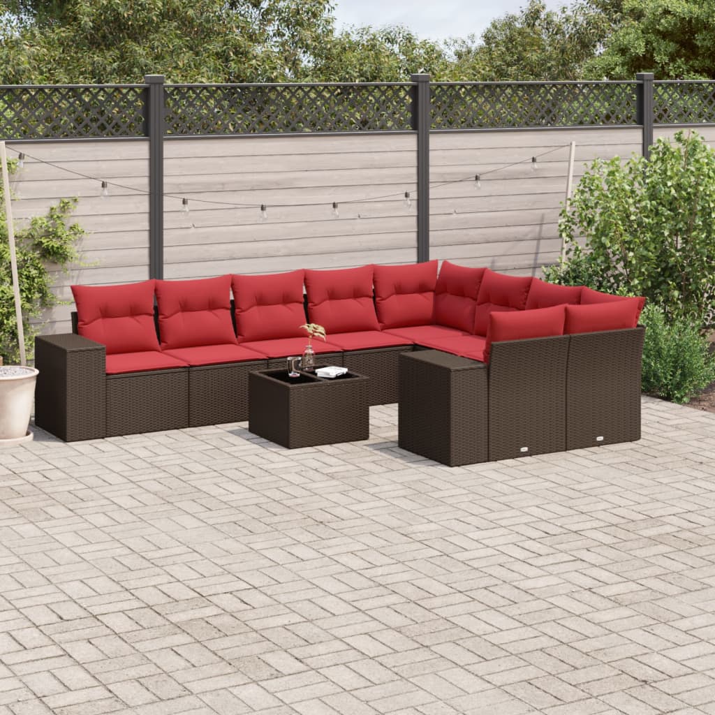 10-teiliges Gartensofa-Set mit Kissen, braun, Polyrattan