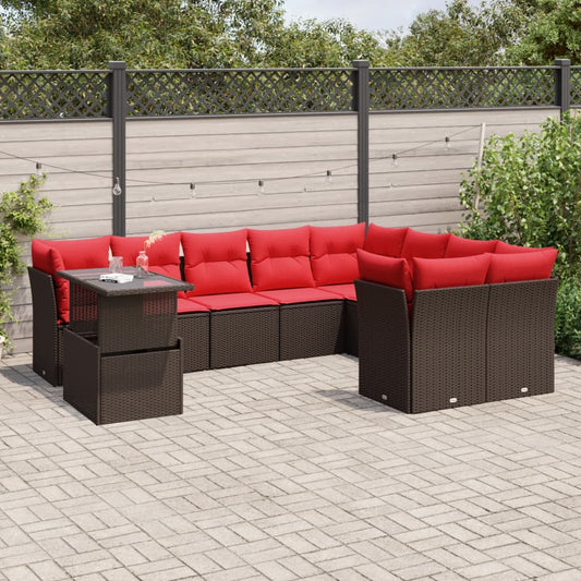 10-teiliges Gartensofa-Set mit Kissen, braun, Polyrattan