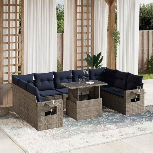 10-teiliges Gartensofa-Set mit Kissen, grau, Polyrattan