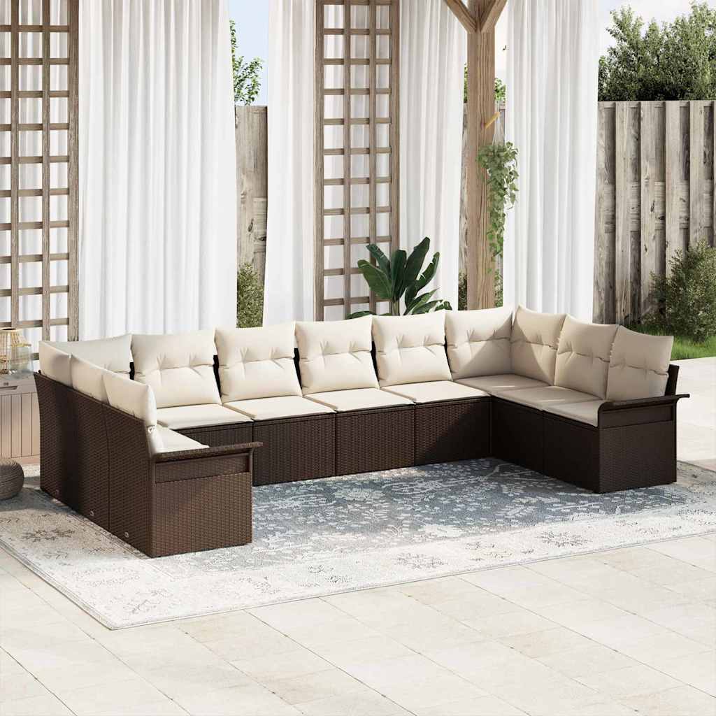 10 teiliges Garten Sofa Set mit Kissen Braunes Poly Rattan