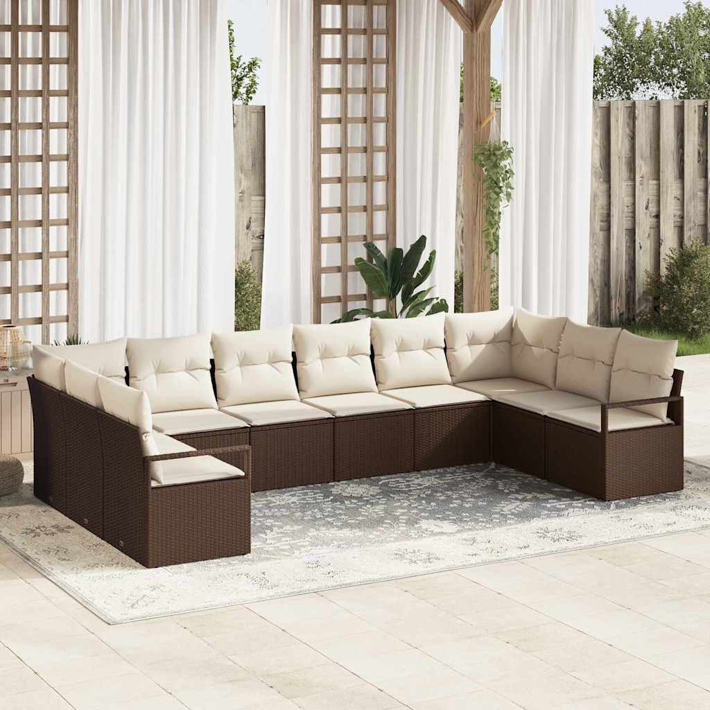 10-teilige Garten Sofa Set mit Kissen Braun Poly Rattan