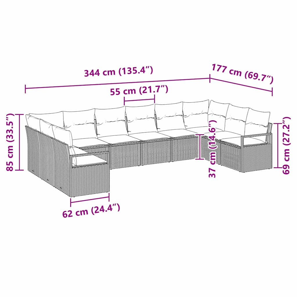 10-teilige Garten Sofa Set mit Kissen Braun Poly Rattan