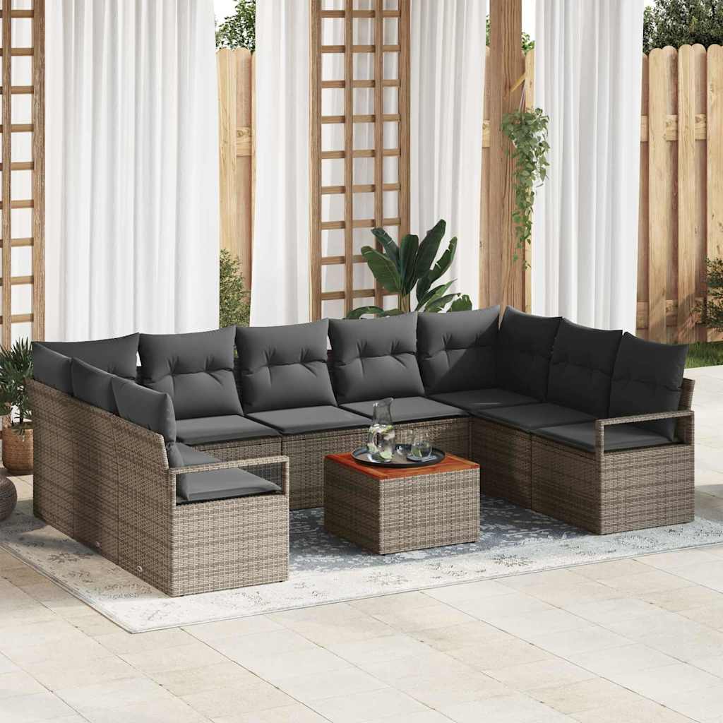 10 teiliges Garten Sofa Set mit Kissen Grau Poly Rattan Akazie