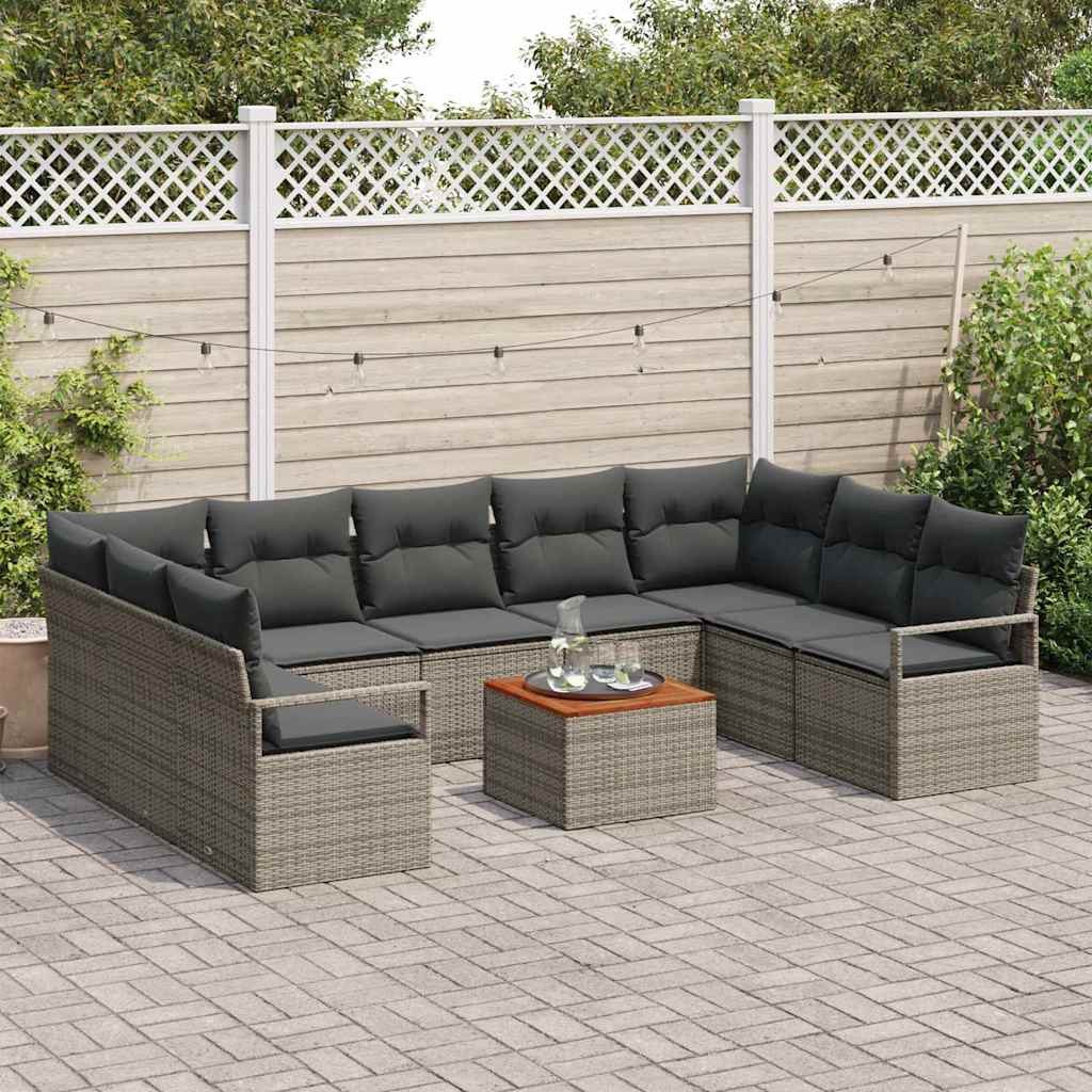 10 teiliges Garten Sofa Set mit Kissen Grau Poly Rattan Akazie