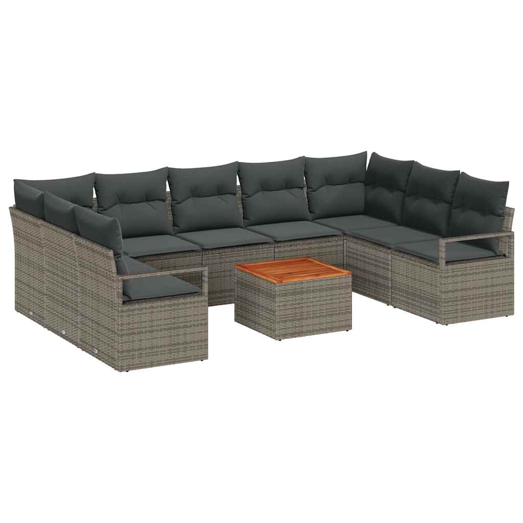 10 teiliges Garten Sofa Set mit Kissen Grau Poly Rattan Akazie