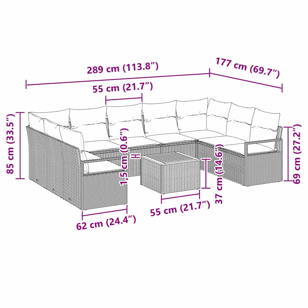 10 teiliges Garten Sofa Set mit Kissen Grau Poly Rattan Akazie