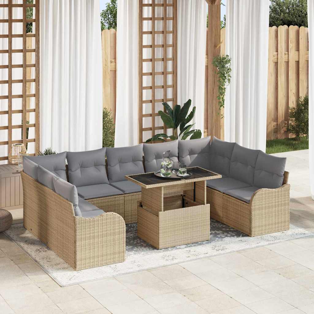 10-teilige Garten Sofa Set mit Kissen Beige Poly Rattan