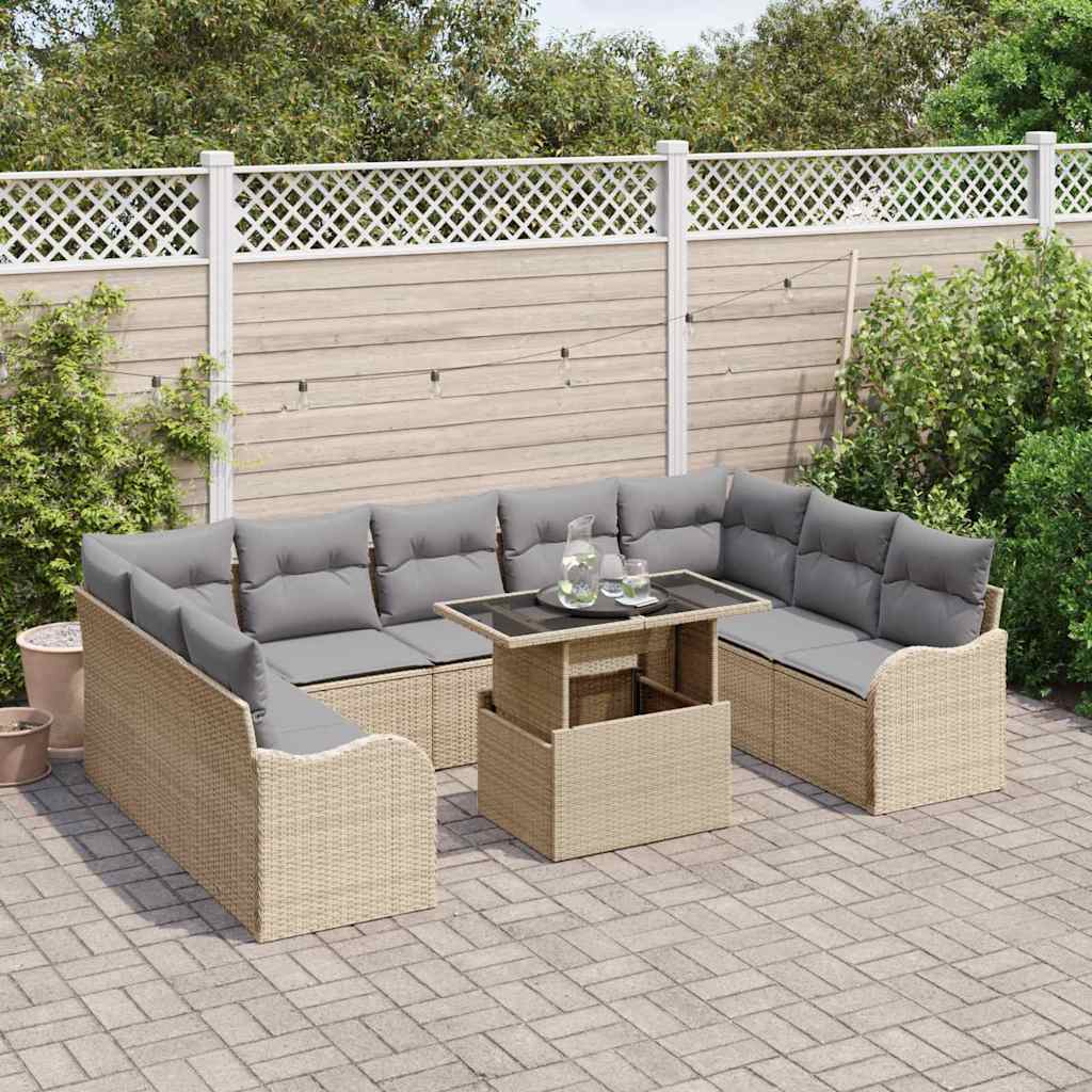 10-teilige Garten Sofa Set mit Kissen Beige Poly Rattan