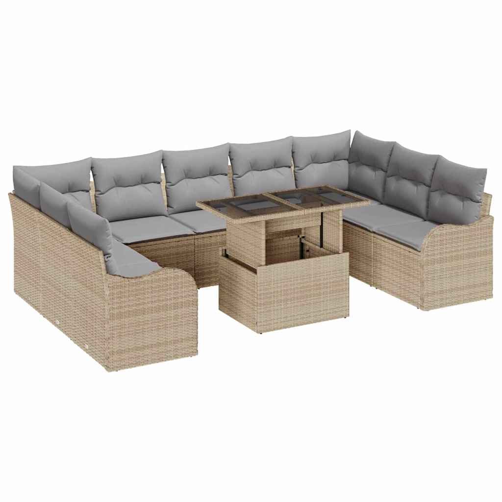 10-teilige Garten Sofa Set mit Kissen Beige Poly Rattan