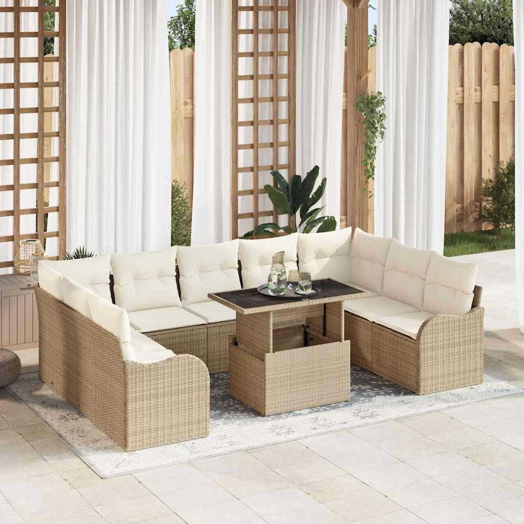10-teilige Garten Sofa Set mit Kissen Beige Poly Rattan