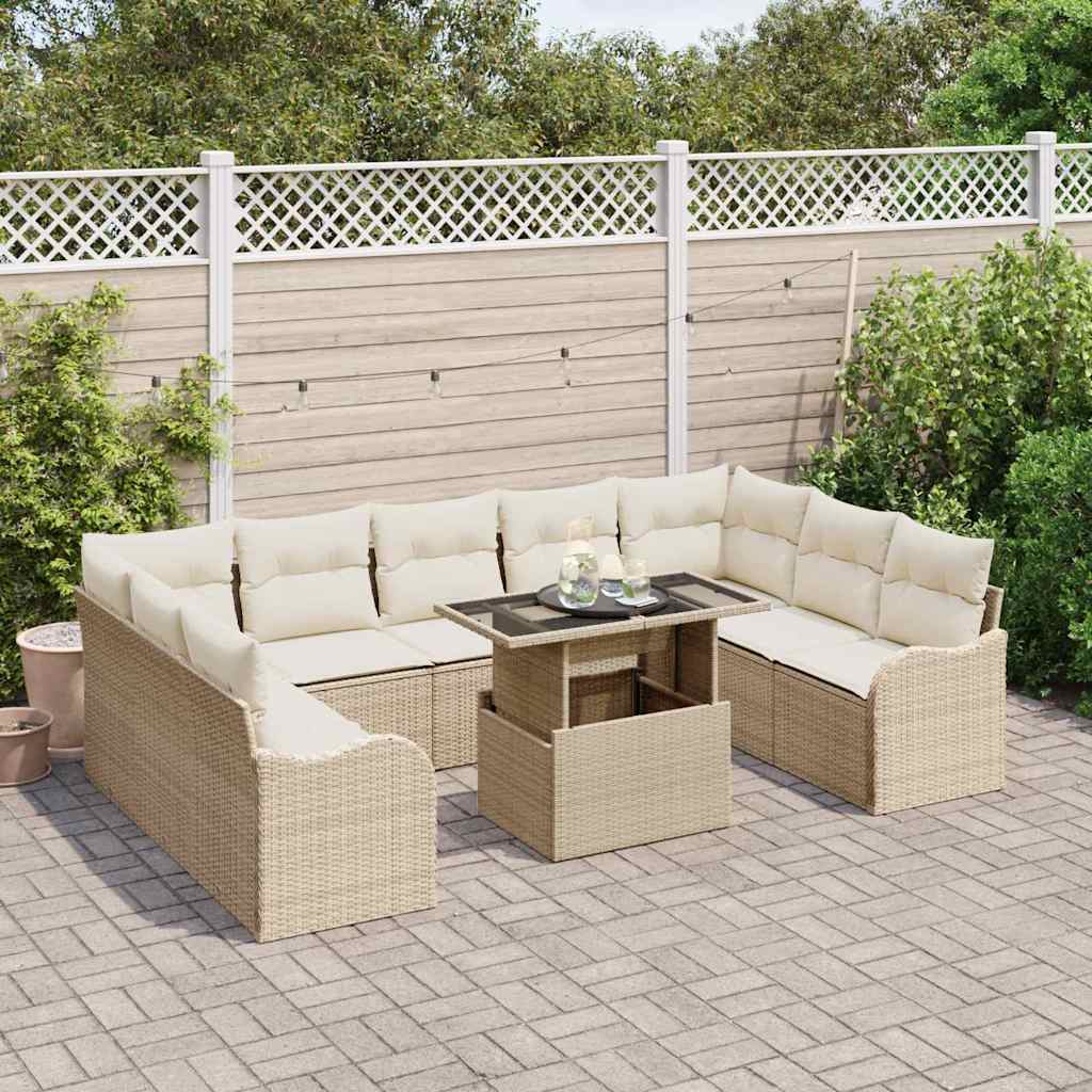 10-teilige Garten Sofa Set mit Kissen Beige Poly Rattan