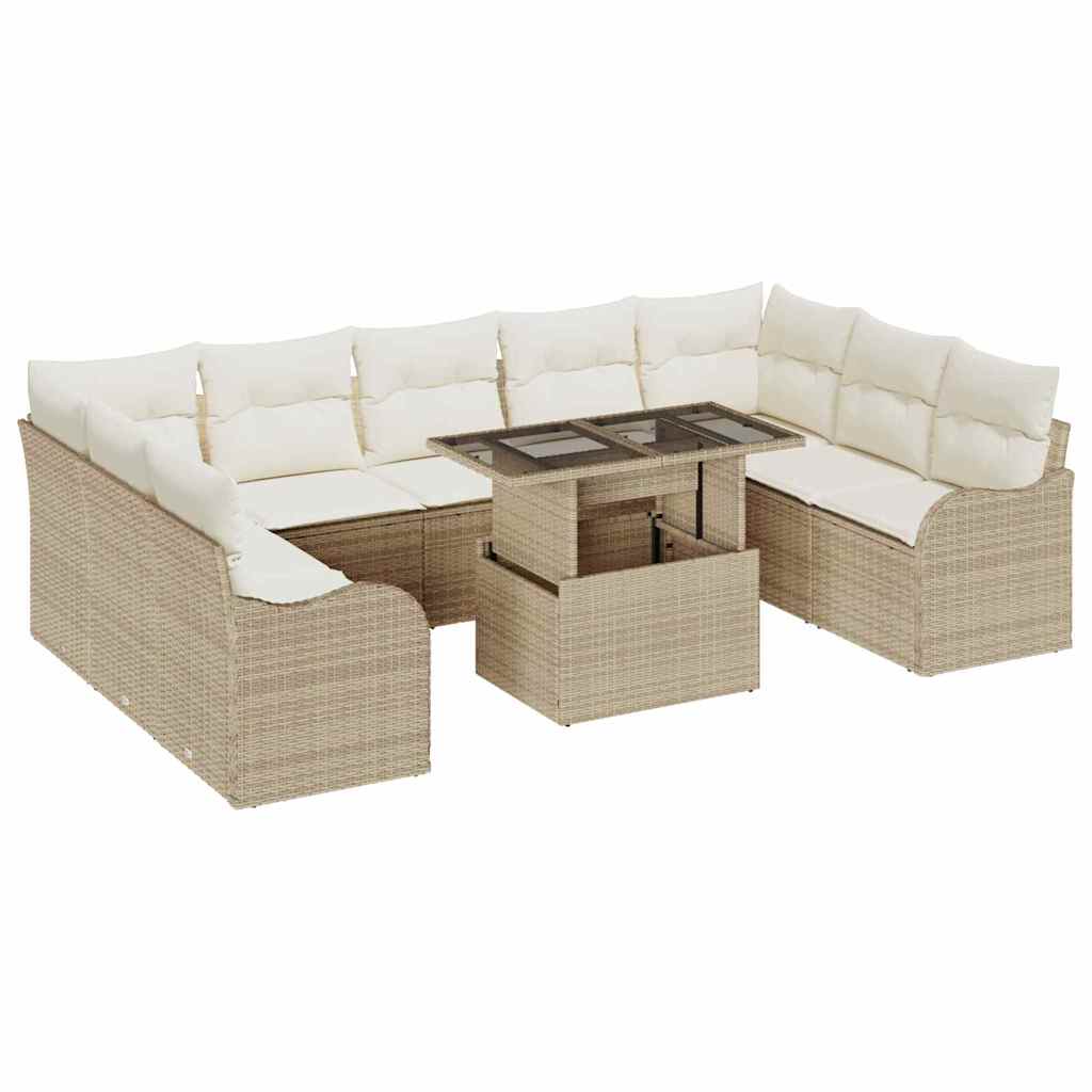 10-teilige Garten Sofa Set mit Kissen Beige Poly Rattan