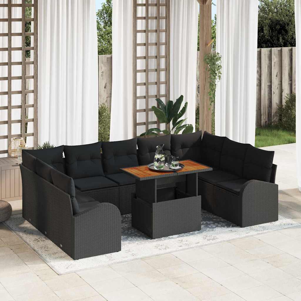 10-teilige Garten Essgruppe mit Kissen Schwarz Poly Rattan Akazie