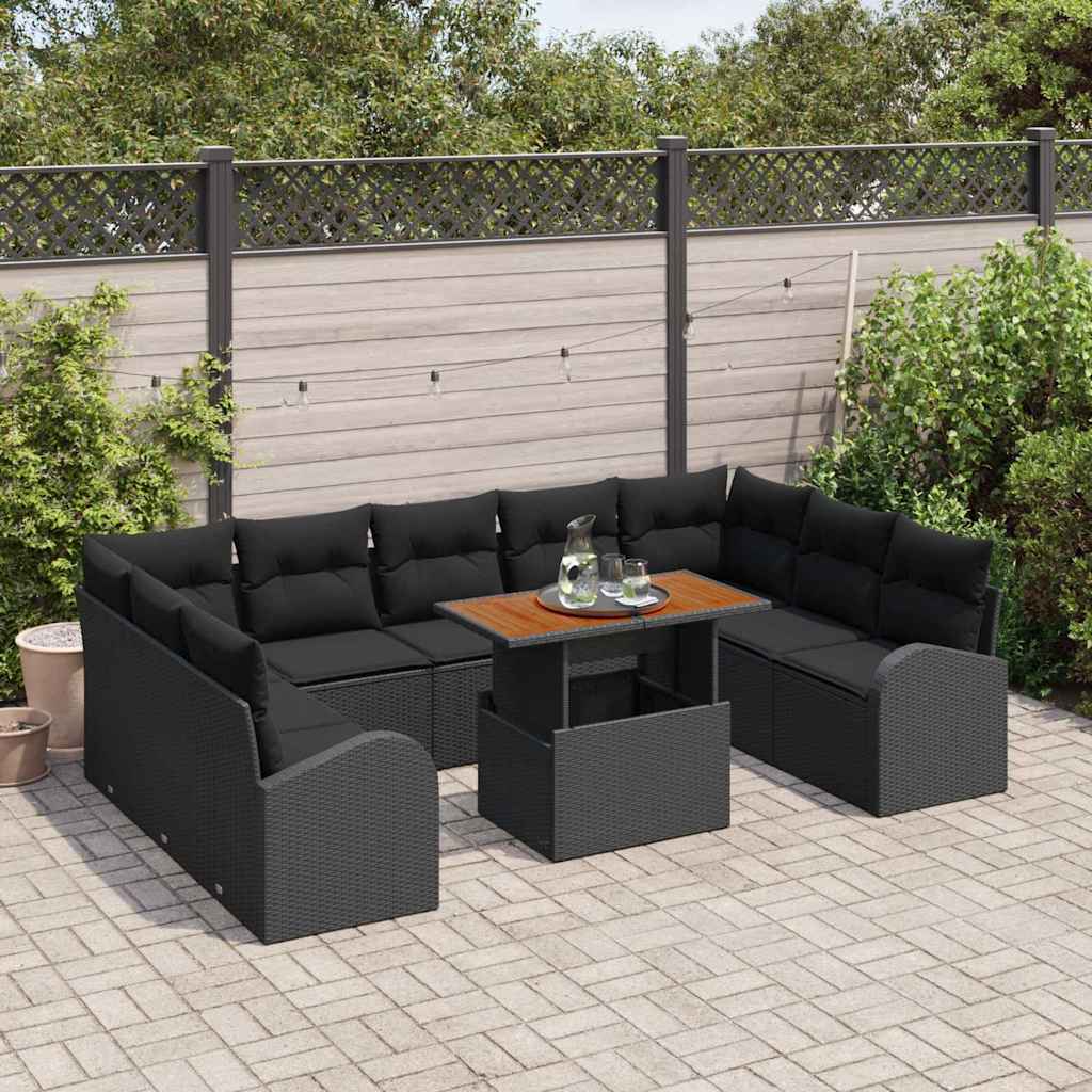 10-teilige Garten Essgruppe mit Kissen Schwarz Poly Rattan Akazie