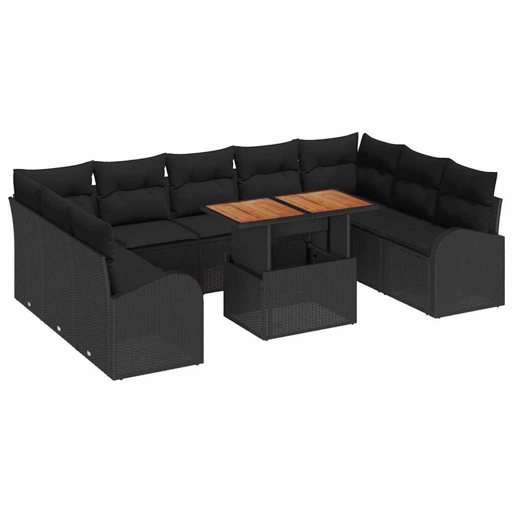 10-teilige Garten Essgruppe mit Kissen Schwarz Poly Rattan Akazie