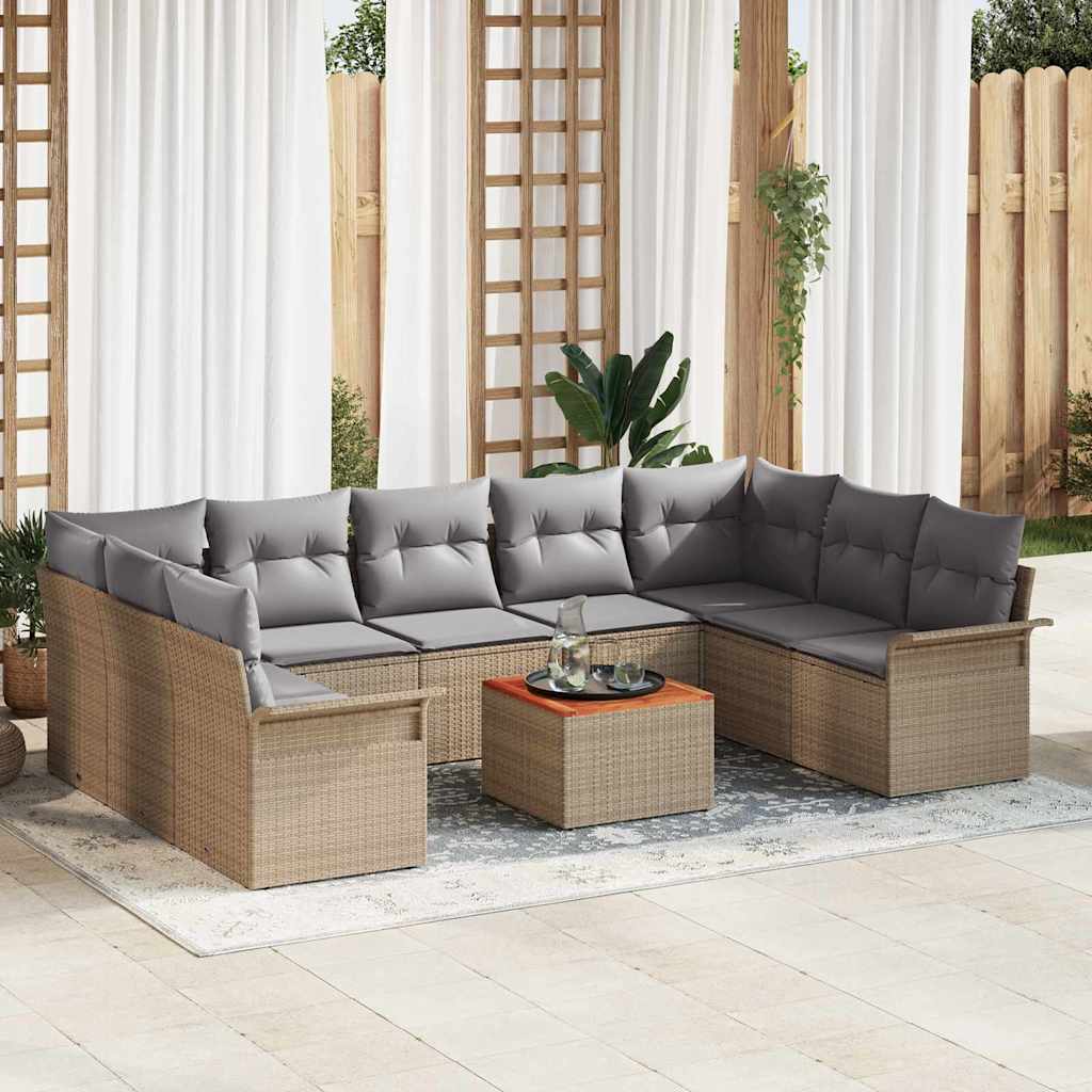 10-teilige Garten Sofa Set mit Kissen Beige Poly Rattan Akazie
